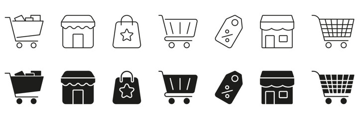 Shopping And Retail Icon Set. E-Commerce, Online Shopping, And Discount Symbol Collection. Shopping Cart, Storefront, Bag, And Price Tag Icons. Isolated Vector Illustration © Toxa2x2