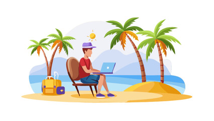 Obraz premium Man working remotely on beach with laptop digital nomad lifestyle and palm trees for summer vacation