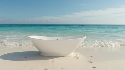 Obraz na płótnie Canvas A luxurious bathtub positioned to overlook the vast ocean offers a serene and relaxing atmosphere, blending comfort with the breathtaking beauty of the sea view. 