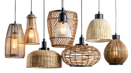 Collection of Woven Rattan Pendant Lights on transparent background