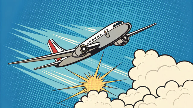 Pop Art Airplane Flying Over a Dotted Sky with Comic "ZOOOM!" Text
