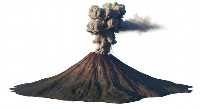 巨大な火山灰 迫力満点 噴火シーン 白背景. AI Generated