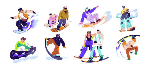 People are snowboarding set. Riders in outerwear are jumping, standing on snow board. Men and women ride, do sports at ski resort in winter. Flat isolated vector illustrations on white background