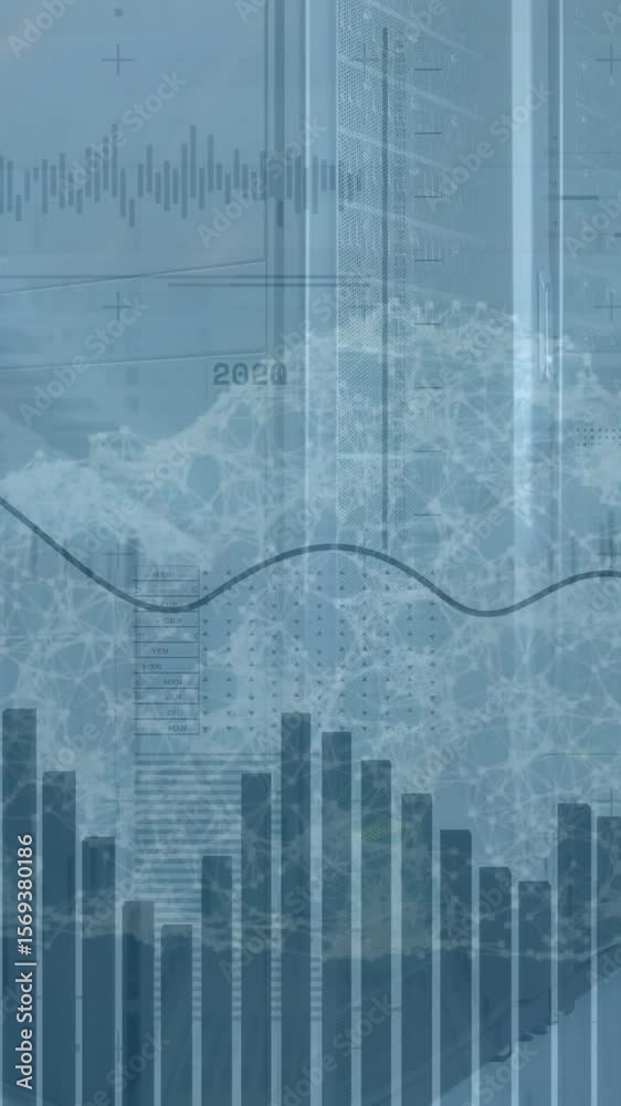 Poster a digitally generated animation of financial data processing and a globe against a white background