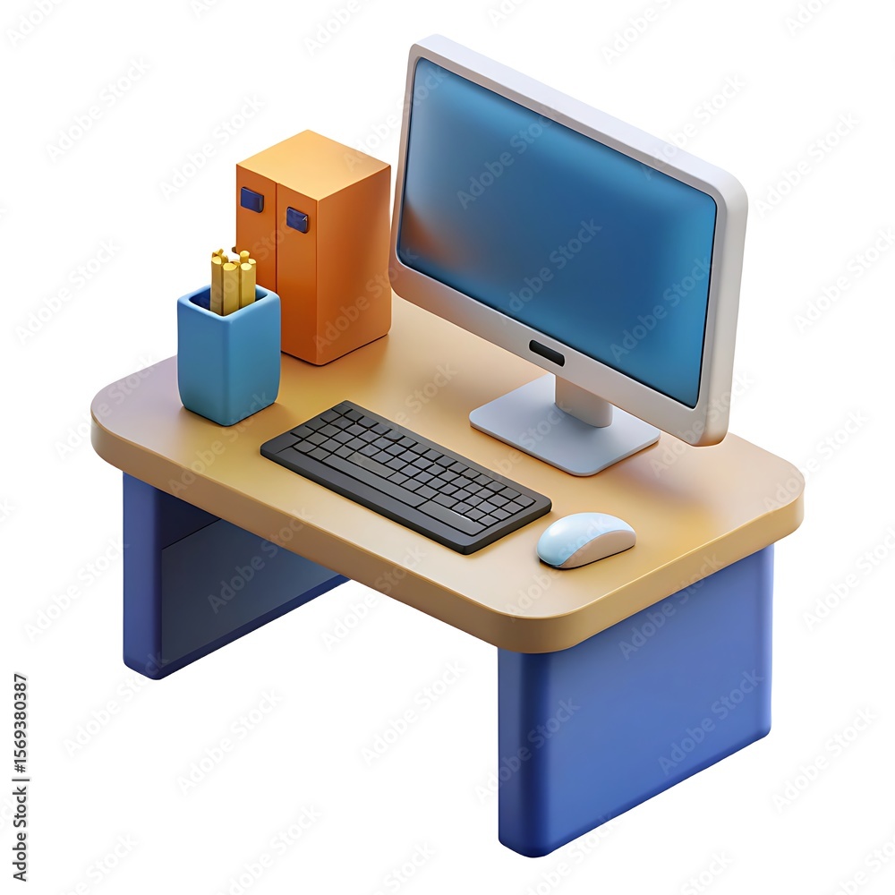 Fototapete Stylized 3d computer desk setup with monitor keyboard and mouse isolated on white background