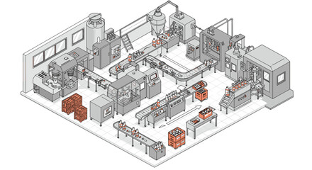 Industrial beverage factory production line isometric vector illustration for design and print