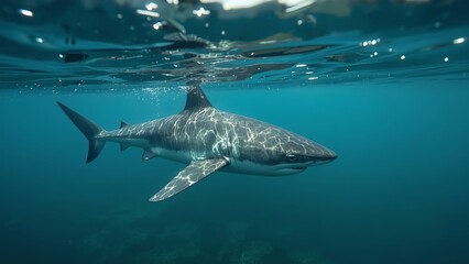 Naklejka premium A powerful predatory shark swims through the deep, mysterious waters of oceans and seas, symbolizing strength, danger, survival, marine life, fear, and the untamed force of nature beneath the surface