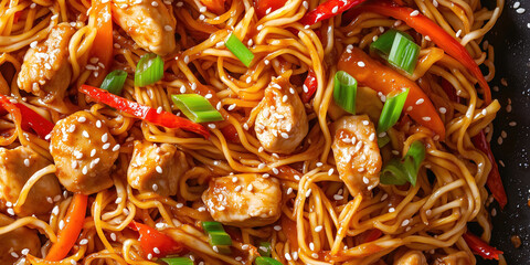 stir-fried noodles with chicken, vegetables, and sesame seeds, macro and full-frame texture shot, close-up texture, top view