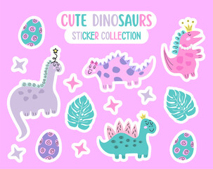Sticker illustration of cute dinosaurs on pink background.