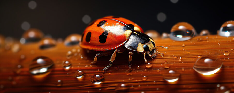 Close-up of a ladybug perched on a wooden surface surrounded by water droplets in a natural setting