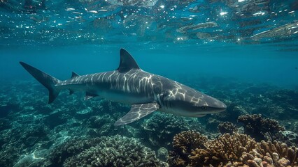 Fototapeta premium A powerful predatory shark swims through the deep, mysterious waters of oceans and seas, symbolizing strength, danger, survival, marine life, fear, and the untamed force of nature beneath the surface