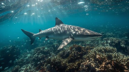 Fototapeta premium A powerful predatory shark swims through the deep, mysterious waters of oceans and seas, symbolizing strength, danger, survival, marine life, fear, and the untamed force of nature beneath the surface