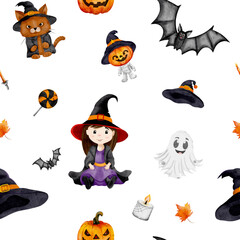 Halloween-themed watercolor seamless pattern featuring witch, ghost, zombie, black cat and bat on white background. Perfect for spooky invitations, kids decor, holiday supplies and holiday projects.