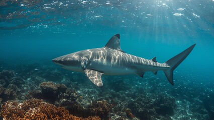 Fototapeta premium A powerful predatory shark swims through the deep, mysterious waters of oceans and seas, symbolizing strength, danger, survival, marine life, fear, and the untamed force of nature beneath the surface
