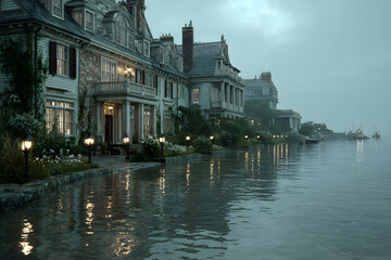 coastal luxury houses with rising tide flooding gardens, sea level rise impact