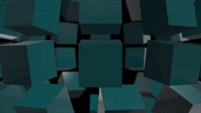 Cyan color 3d shiny cubes rotating and forming 3d sphere advanced loop able geometrical black background