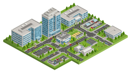 Isometric cityscape design vector illustration of modern urban buildings for architectural planning and tech visualization