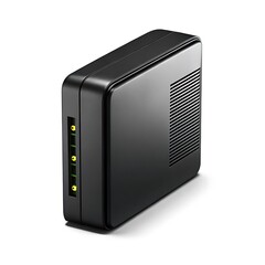 Obraz premium Sleek black network switch with multiple ports isolated on white background