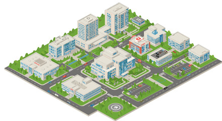 Isometric cityscape vector illustration of modern urban infrastructure for design projects