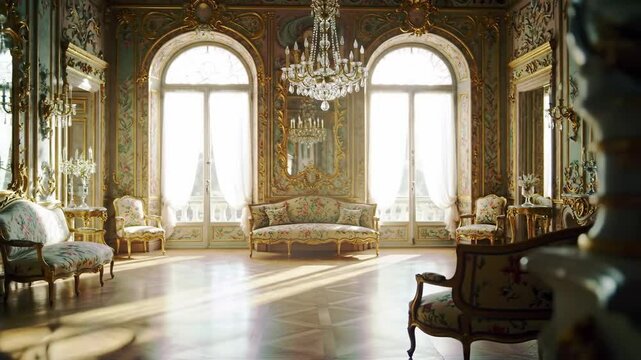 Opulent ballroom, gold and cream colors, luxurious interior
