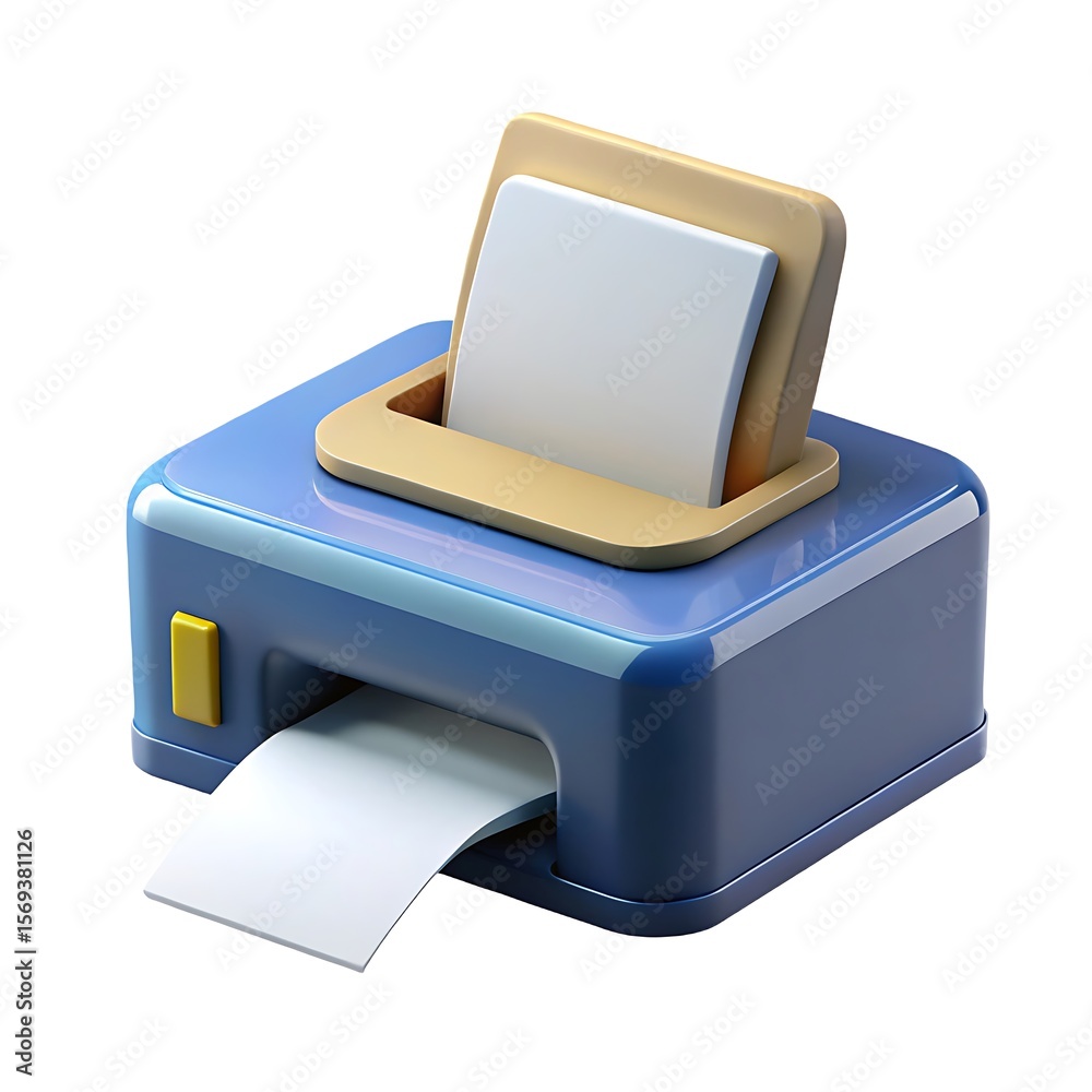 Poster stylized blue printer with paper output and input isolated on white background