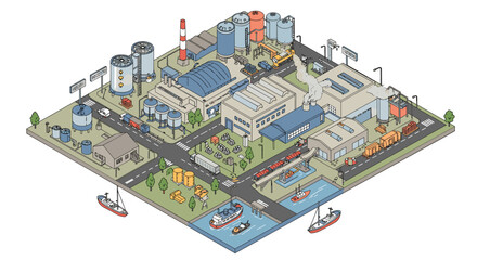 Isometric vector illustration of industrial zone with factories and shipping harbor