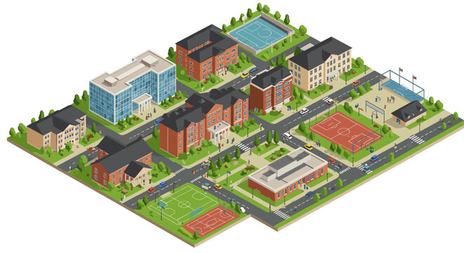 Isometric vector illustration of an urban school complex with sports facilities for design projects