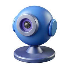Fototapeta premium Blue cartoonish web camera with a round lens and stand isolated on white background