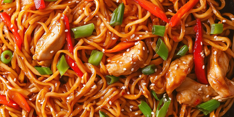 stir-fried noodles with chicken, vegetables, and sesame seeds, macro and full-frame texture shot, close-up texture, top view
