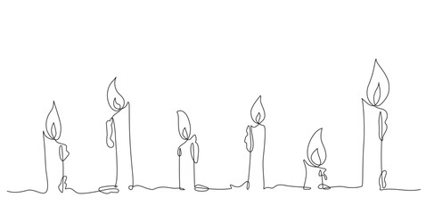 Minimalist continuous line drawing of six burning candles in various shapes and heights, symbolizing light, hope, and the passage of time.  Vector illustration, Editable stroke