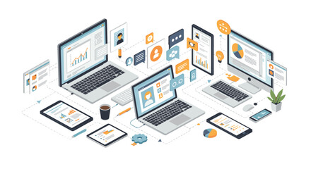 Office workspace technology with devices and graphs vector illustration in modern flat style