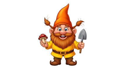 Cartoon man gnome character holding a mushroom and a shovel. Garden elf. Isolated on transparent background for gardening and fantasy.