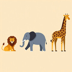 Cute cartoon safari animals lion elephant and giraffe together