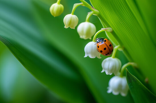 Photo of a ladybug on the flower bud of lily of the valley, with a lush green background, ladybug, insect, ladybird,