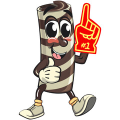 cute chocolate wafer roll mascot cartoon vector illustration raise foam finger, funny dessert character in striped snack design for kids and food packaging, work of hand drawn
