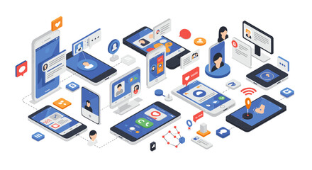 Isometric social media and communication vector illustration for digital design projects