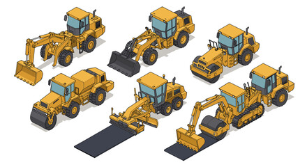 Construction vehicles vector illustration in isometric style - set of heavy machinery for design projects