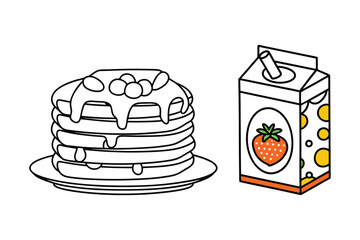 Pancakes with Syrup and Strawberry Juice Box Vector Illustration