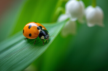 Fototapeta premium Photo of a ladybug on the flower bud of lily of the valley, with a lush green background, ladybug, insect, ladybird,