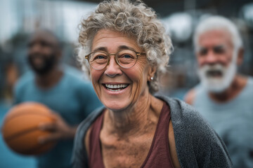 Older woman laughing and looking at camera while holding basketball. Background features two older men. Outdoor basketball court setting with grey skies