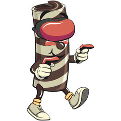 cute chocolate wafer roll mascot cartoon vector illustration entering virtual reality with technology, funny dessert character in striped snack design for kids and food packaging, work of hand drawn