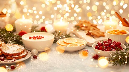 Festive Holiday Breakfast Table with Cozy Lights
