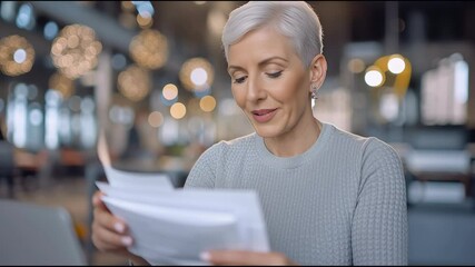 A mid age woman in an office environement checking documents in front of a laptop