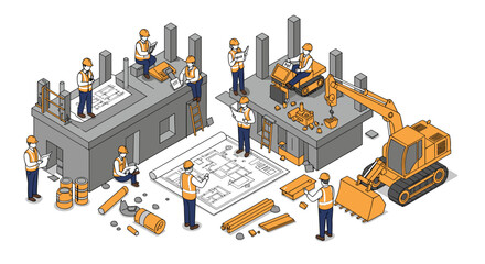 Construction site teamwork and machinery in isometric vector illustration for engineering design