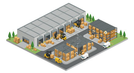 Obraz premium Isometric warehouse logistics with delivery trucks and forklifts vector illustration