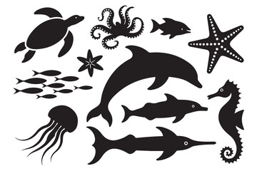 Set of marine animals black silhouette in cartoon style, cute sea animals isolated on white background, sea fish desing alements for poster, card, printing characters.