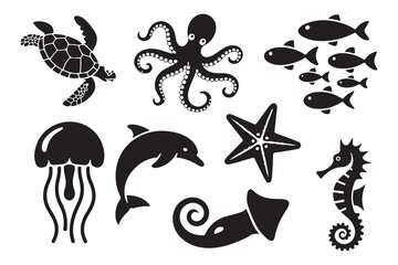 Set of marine animals black silhouette in cartoon style, cute sea animals isolated on white background, sea fish desing alements for poster, card, printing characters.