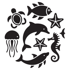 Set of marine animals black silhouette in cartoon style, cute sea animals isolated on white background, sea fish desing alements for poster, card, printing characters.