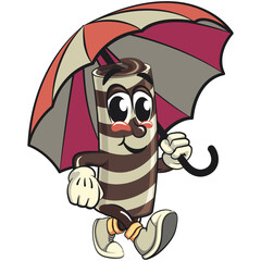 cute chocolate wafer roll mascot cartoon vector illustration walking with an umbrella, funny dessert character in striped snack design for kids and food packaging, work of hand drawn