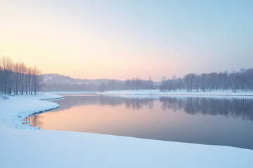 Fototapeta premium Sunset Over Calm Snowy Lake with Silhouetted Trees